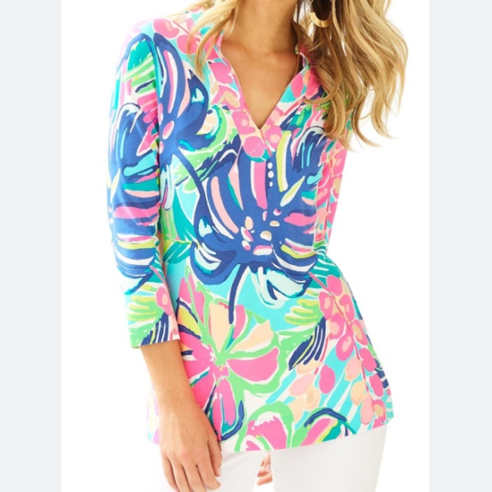Lilly Pulitzer Vero Tunic Exotic Garden Multicolor V Neck | Sz XS